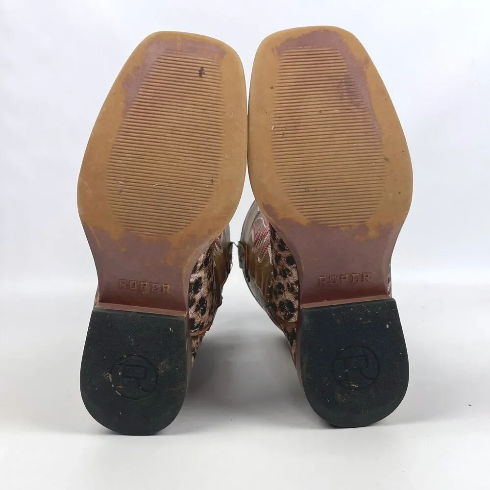 ROPER Little Kids Girls Size 3 Glitter Leopard Square Toe Western Cowboy Boots
